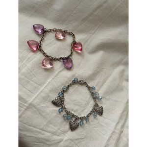 Heart Charm 2-Piece Bracelet Set - Blue/Silver and Pink/Silver